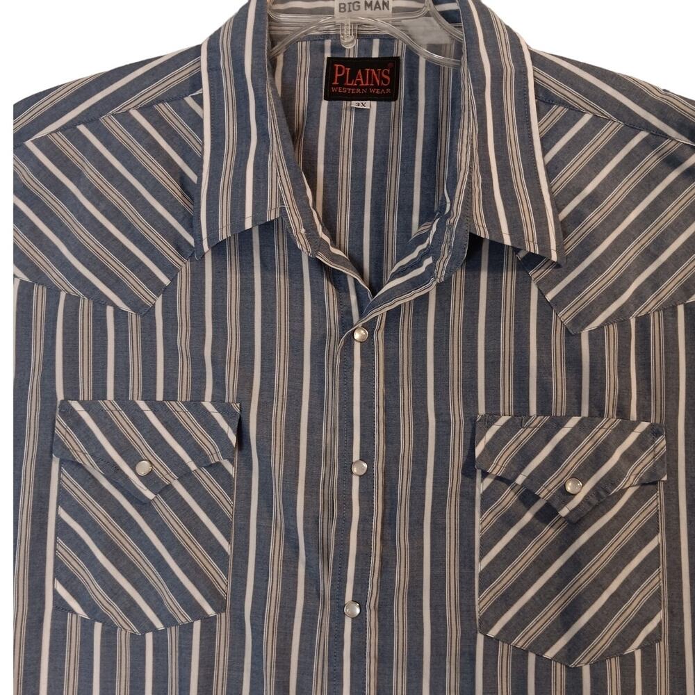 Plains Vintage Western Shirt Big Man 3XL Blue/Gray Striped Pearl Snap Rockabilly